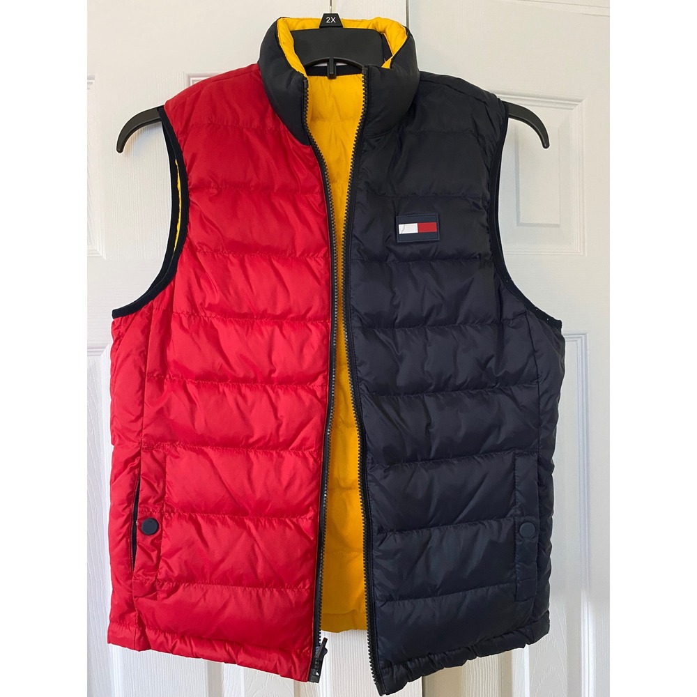 Tommy Hilfiger Puffer Vest Mens XS Red Blue Yellow Reversible Colorblock Vest